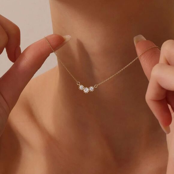 3 Simulated Diamond Solitaire Necklace, Trio CZ Diamond Pendant, Layering Chain - Picture 1 of 5